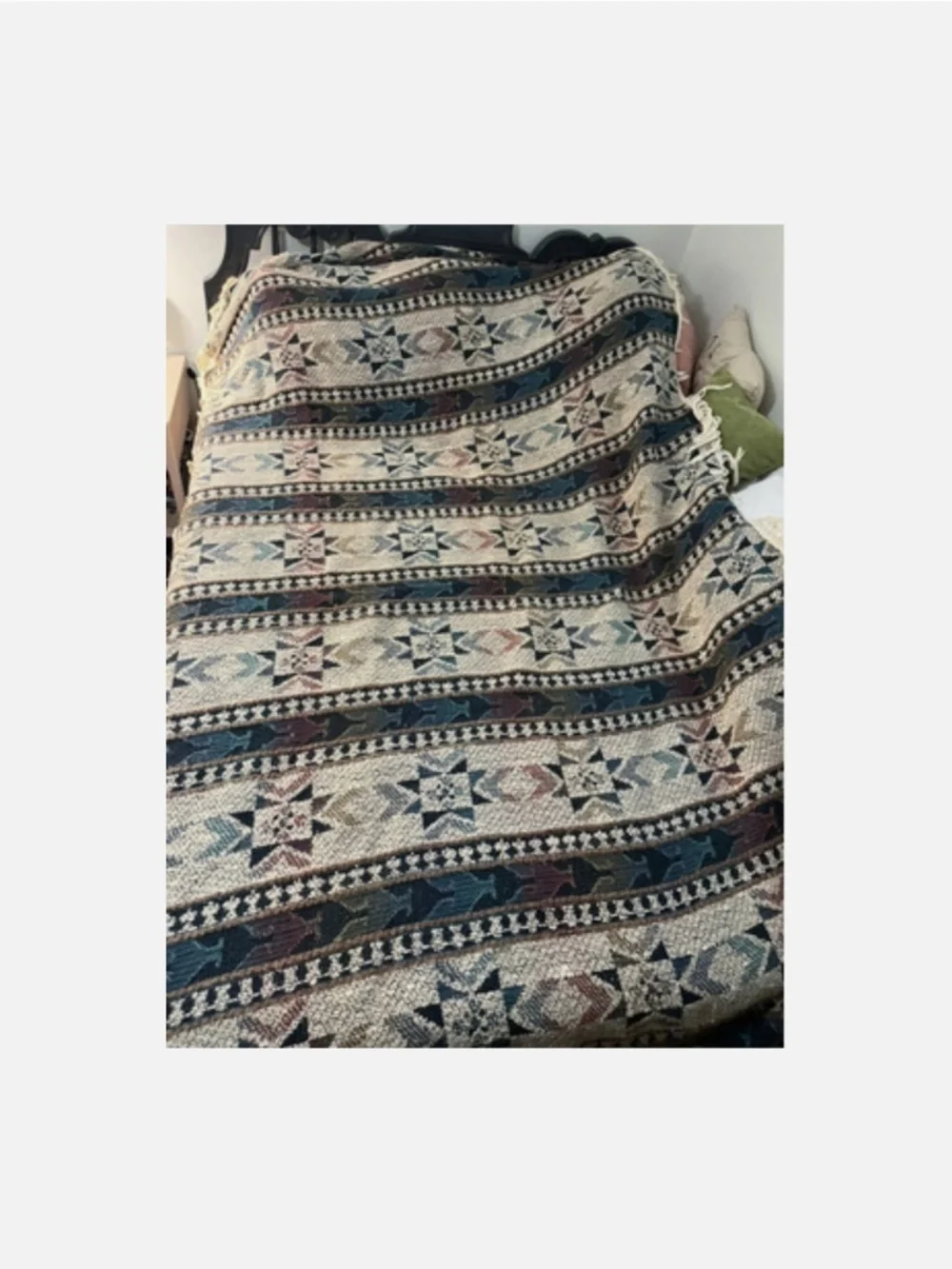 Large Vtg Oval Woven Knit Blanket Rug Fringe Multicolor Southwestern 112